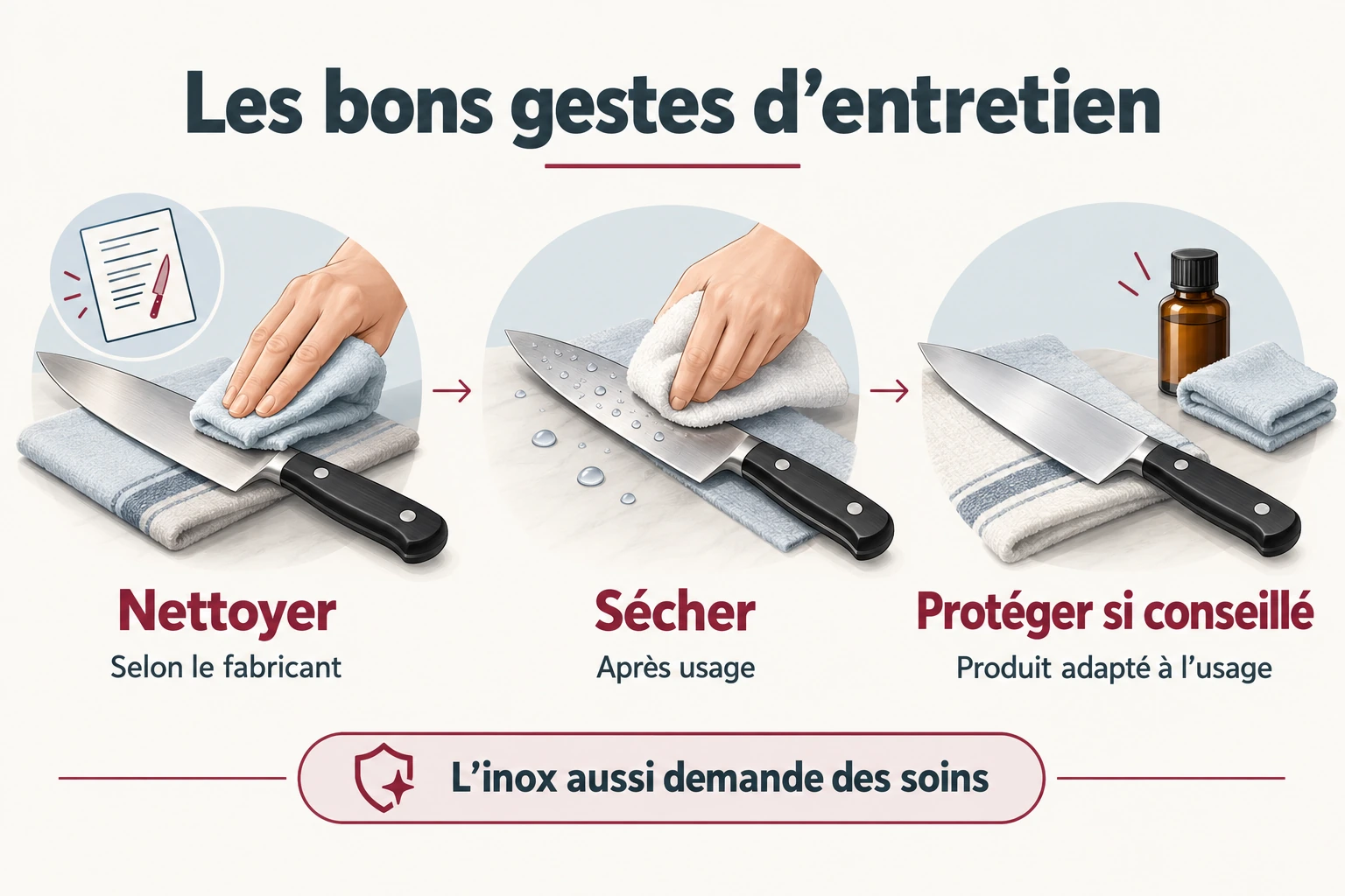Trois gestes d’entretien : nettoyer selon le fabricant, sécher après usage et protéger seulement si cela est conseillé.