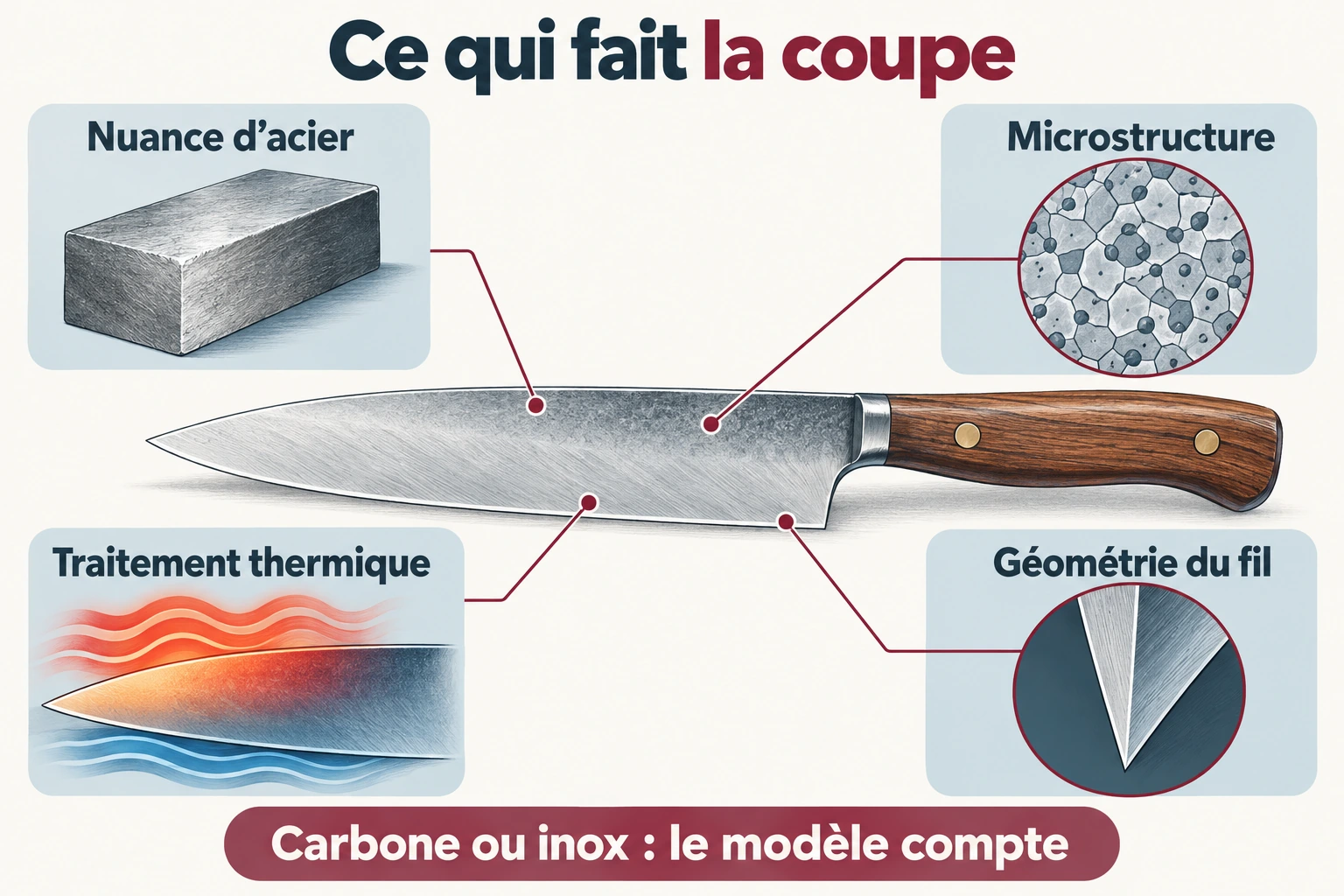 Les quatre facteurs de coupe d’un couteau : nuance d’acier, microstructure, traitement thermique et géométrie du fil.