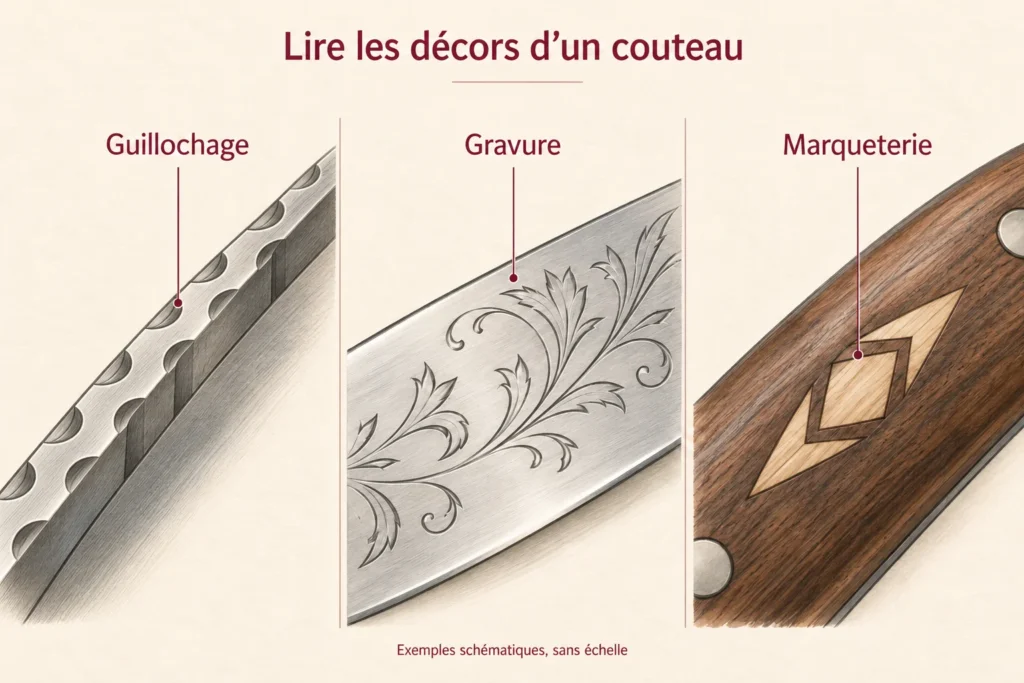 Trois décors illustrés : motif régulier guilloché sur le ressort métallique, gravure sur une face de lame et marqueterie dans le manche en bois.