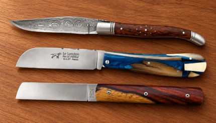 Trois couteaux de poche ouverts sur une table en bois : Laguiole damas en amourette, London mammouth bleu et 20/20 en cocobolo.