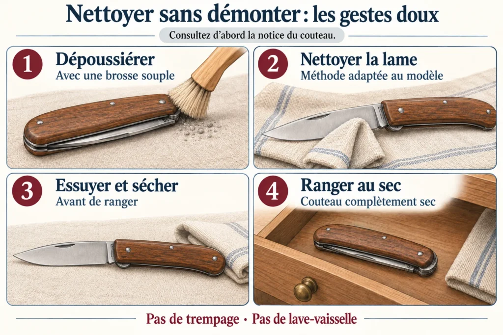 Quatre étapes : dépoussiérer, nettoyer la lame, essuyer et sécher, puis ranger le couteau au sec.