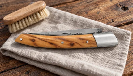 Couteau de poche Le Thiers BJB en genévrier fermé, posé sur un linge près d’une brosse douce.