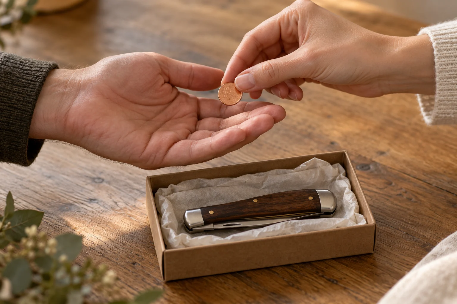 Une main remet une pièce dans une paume ouverte, à côté d’un couteau pliant fermé dans son coffret cadeau.