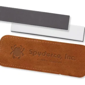 Pierre Spyderco 303.MF Medium et Fine, présentation des deux faces avec pochette suédine