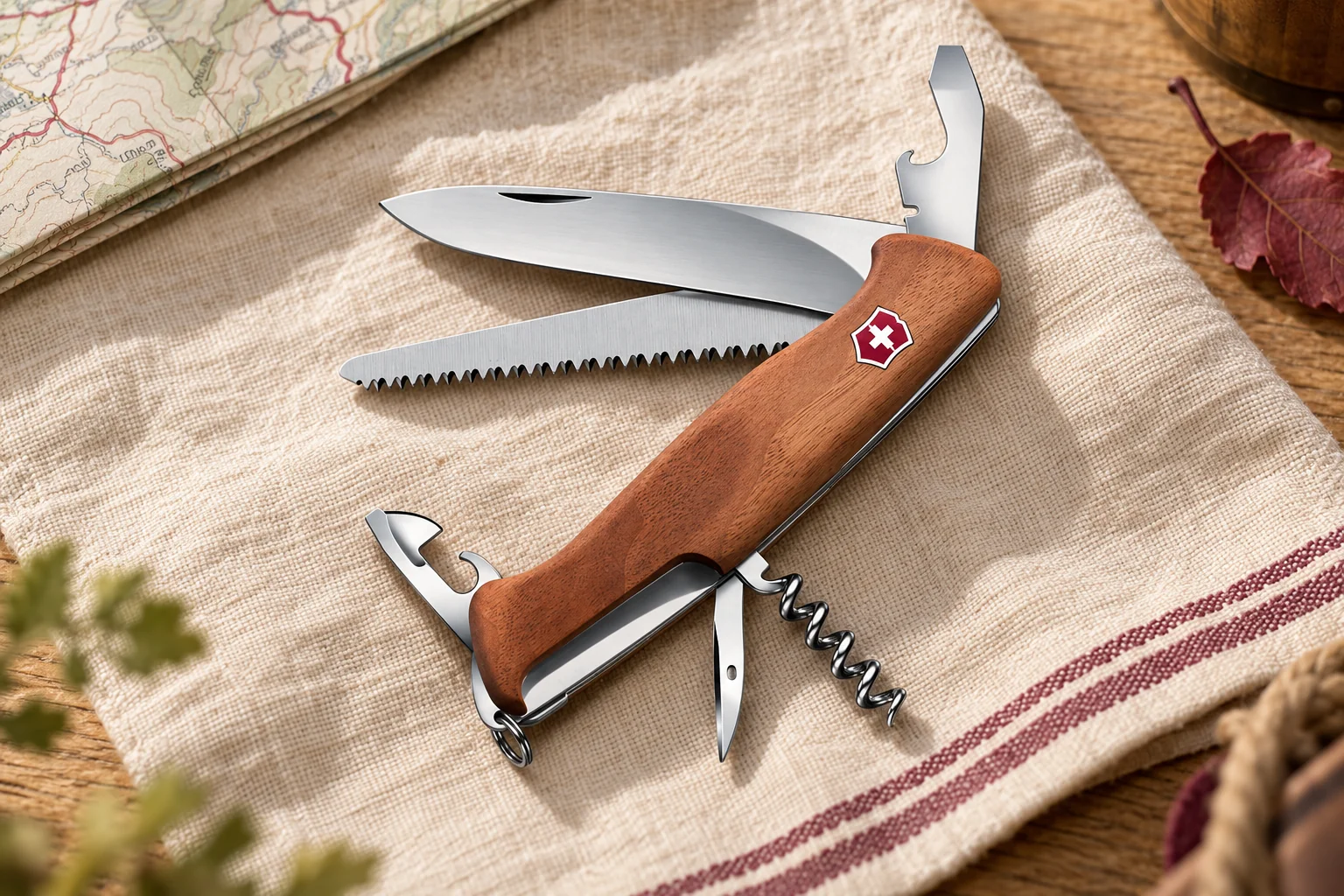 Mise en scène illustrative du Victorinox Ranger 55 Wood en noyer, outils déployés sur du lin près d’une carte.