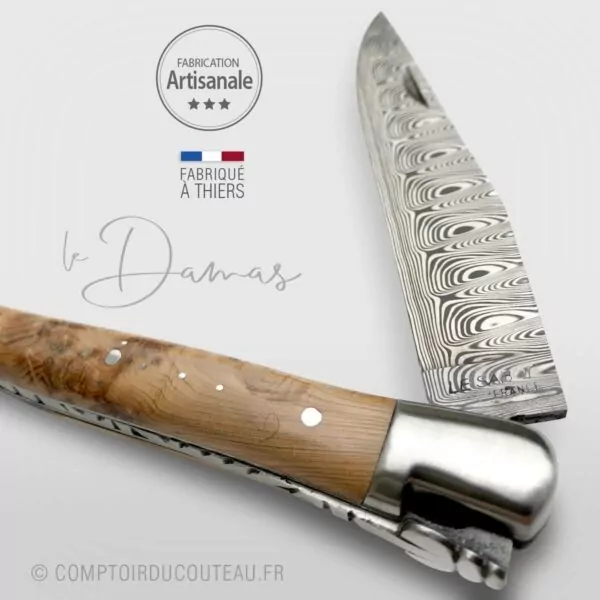 couteau laguiole damas loupe genévrier guilloché main