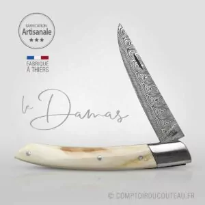 Couteau le thiers phacochère lame damassée guillochage ressort main