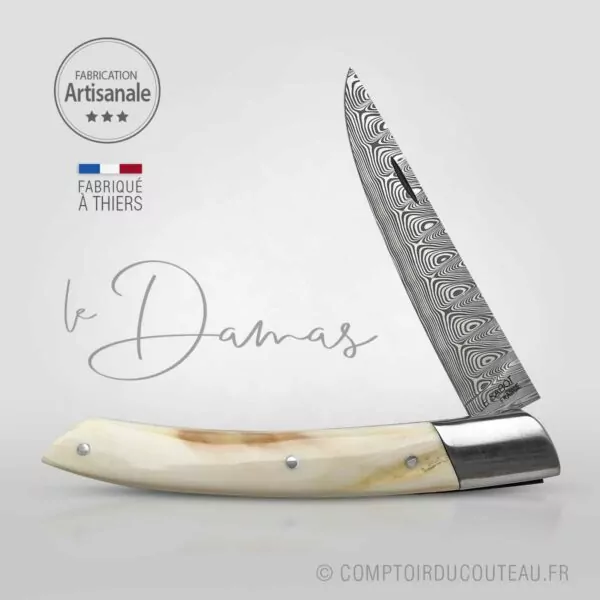 Couteau le thiers phacochère lame damassée guillochage ressort main