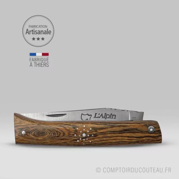 Couteau Alpin Bois de Bocote Clouage Flocon Ressort Guilloché – Image 3