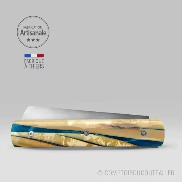 couteau le 20/20 par le fidèle éclat d'ivoire de mammouth dans résine bleue