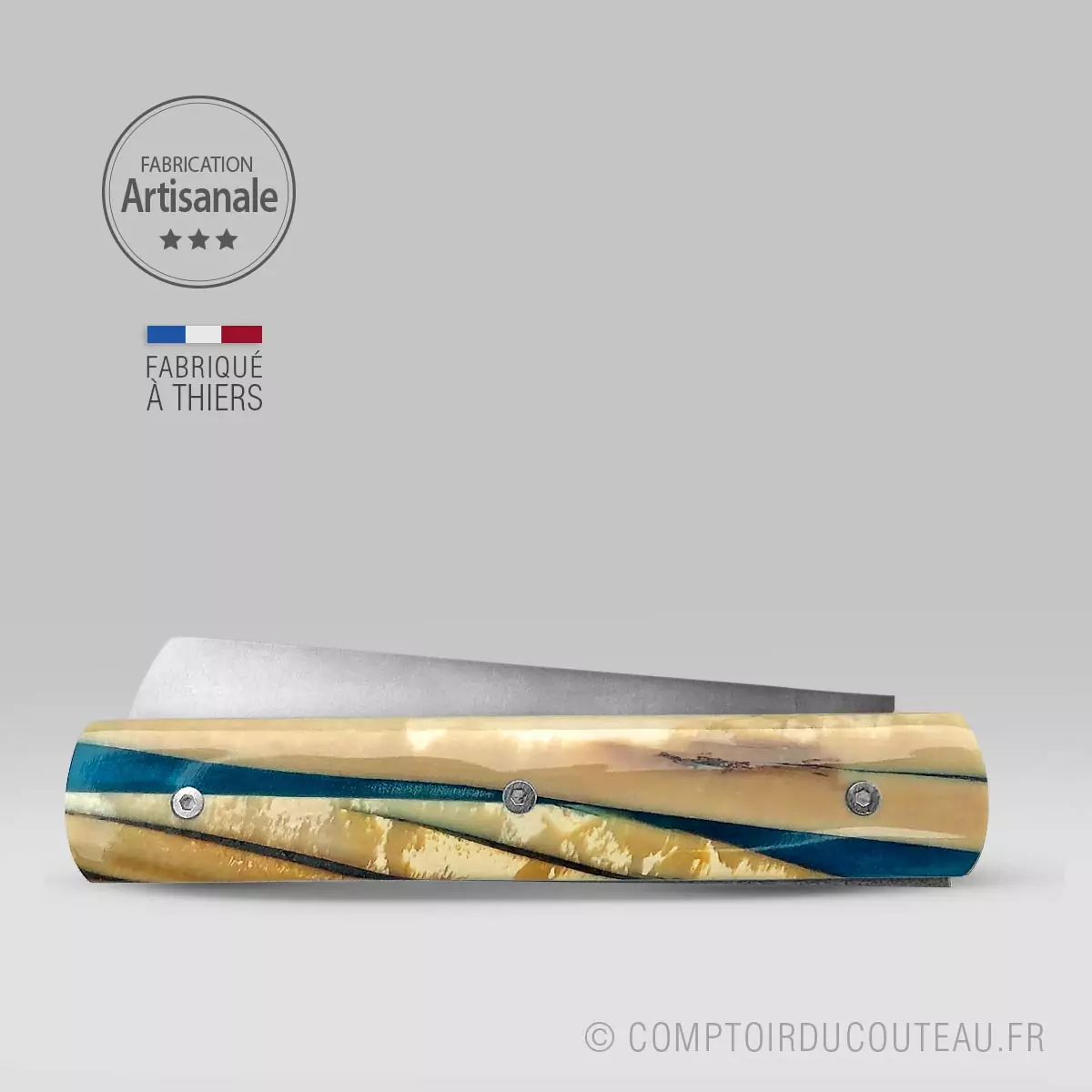 couteau le 20/20 par le fidèle éclat d'ivoire de mammouth dans résine bleue