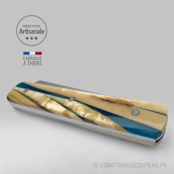 couteau le 20/20 par le fidèle éclat d'ivoire de mammouth dans résine bleue