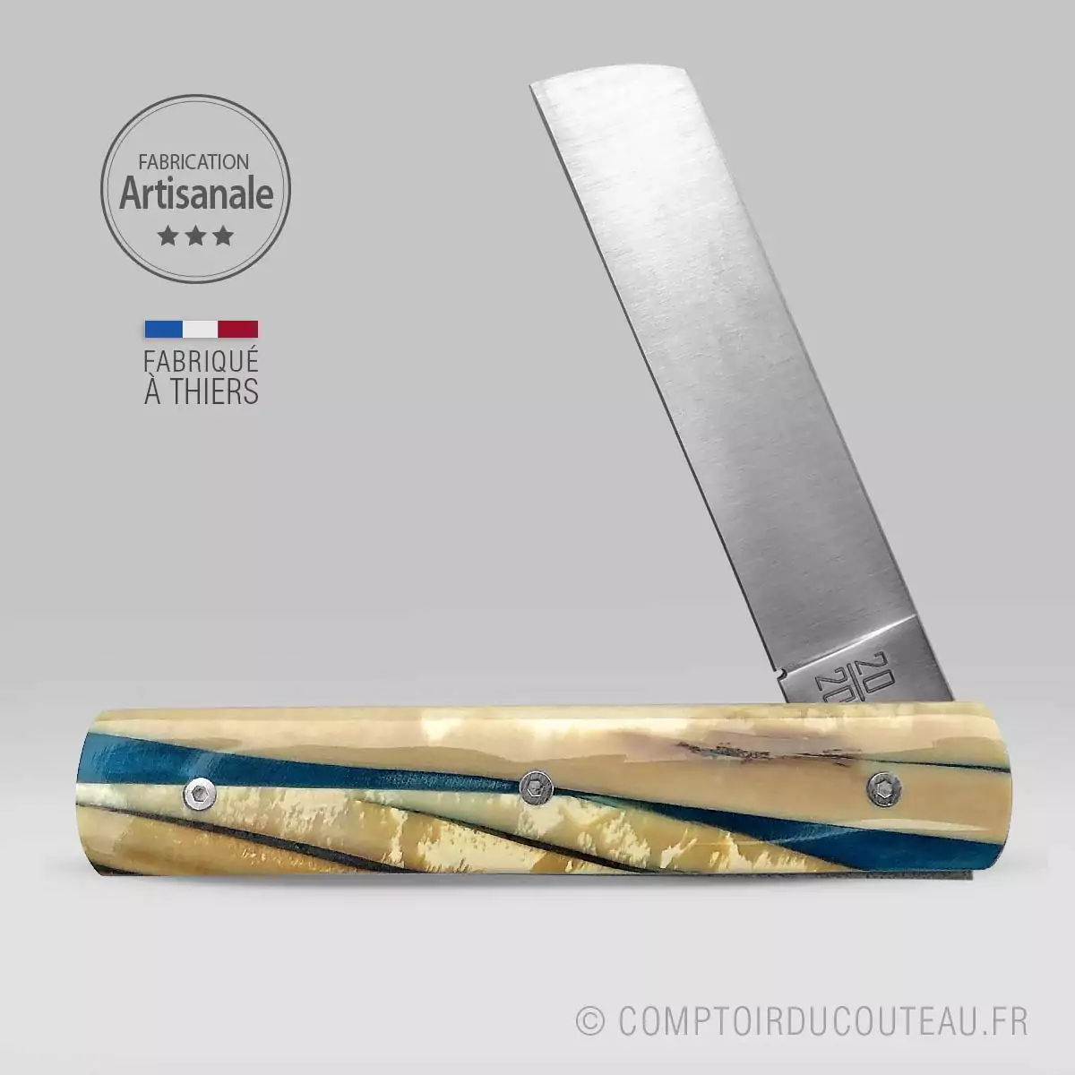 couteau le 20/20 manche éclats mammouth stabilisé résine bleue le fidèle