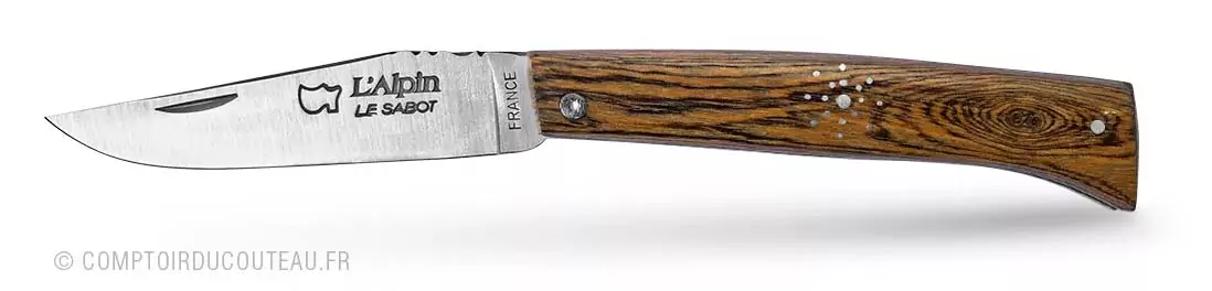 couteau l'Alpin bois de bocote, clouage flocon de neige ressort guilloché