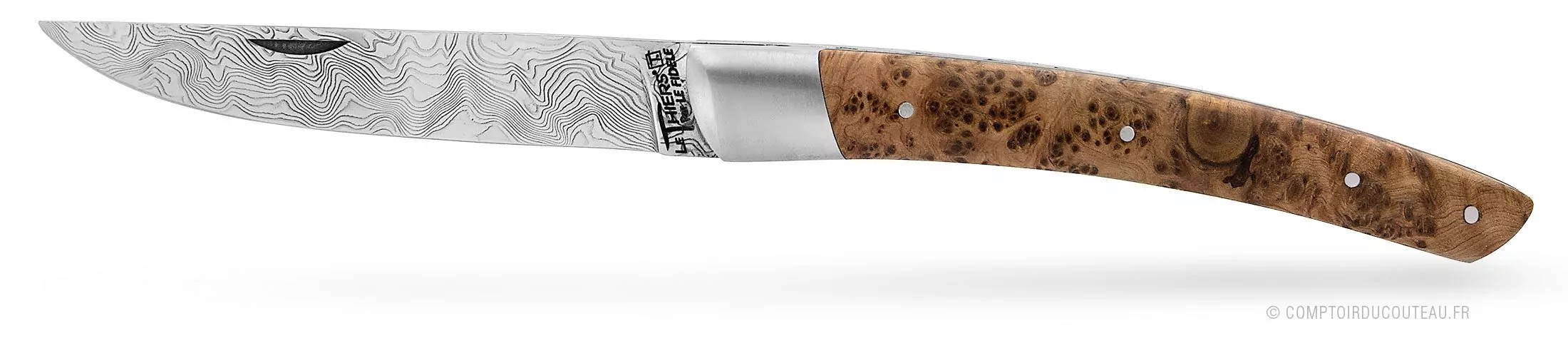 couteau le thiers damas pièce unique manche bois loupe de genévrier