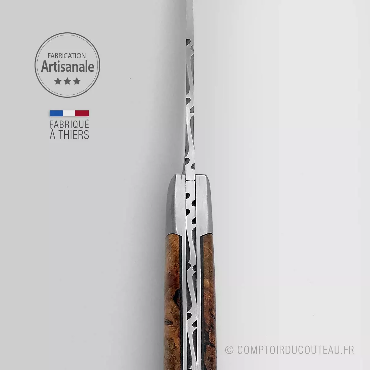 couteau le thiers manche en bois érable stabilise ressort et lame guilloches