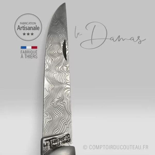 couteau le thiers damas guilloche bois loupe genévrier