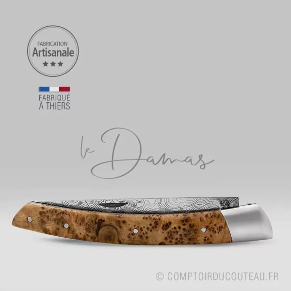 couteau le thiers lame damas pièce unique manche loupe de genevrier