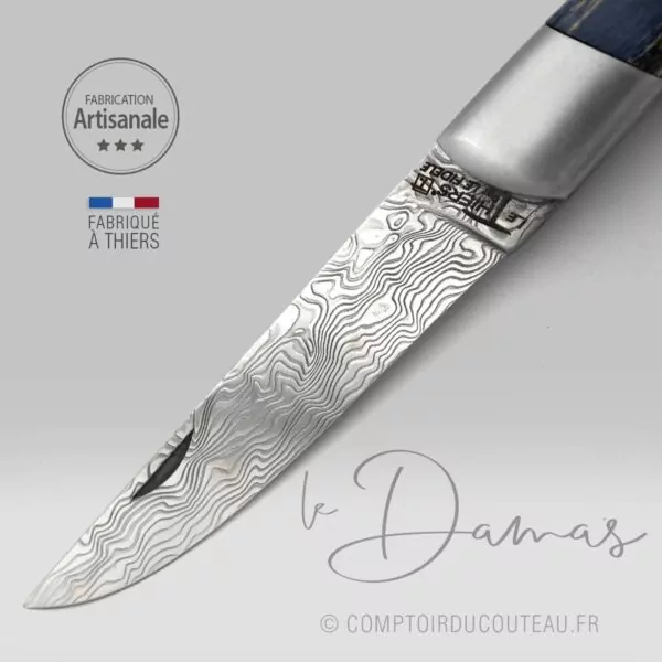 couteau le thiers damas guilloche bois bleu