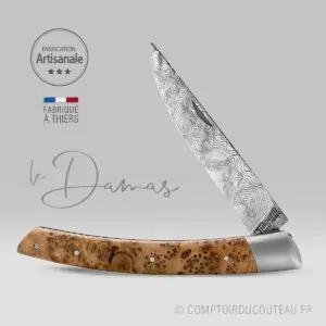 couteau le thiers damas manche loupe de genévrier guilloche main le fidèle