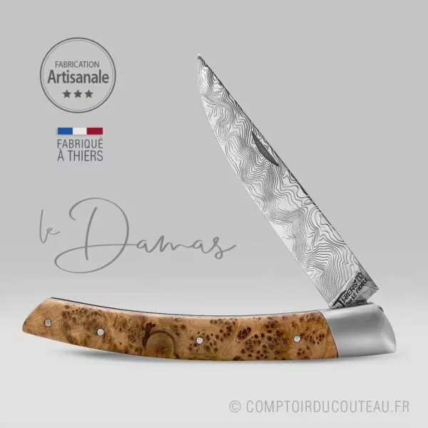 couteau le thiers damas manche loupe de genévrier guilloche main le fidèle