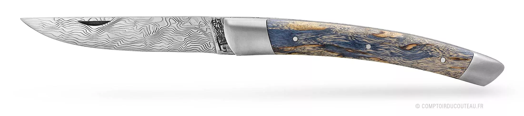 couteau le thiers damas pièce unique manche bois bleu