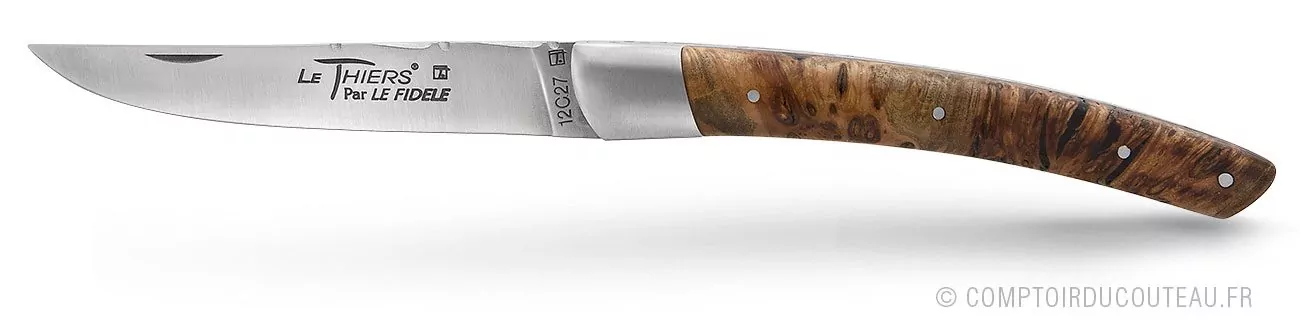 couteau le thiers manche en bois érable stabilise ressort et lame guilloches
