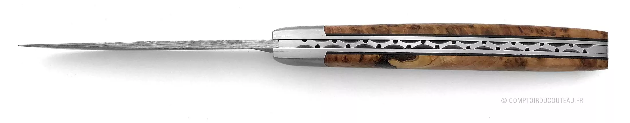 couteau le thiers damas pièce unique manche loupe genévrier 