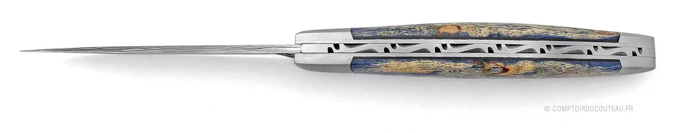 couteau le thiers damas pièce unique manche bois bleu