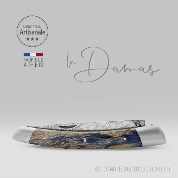 couteau le thiers lame damas pièce unique manche bois stabilise bleu