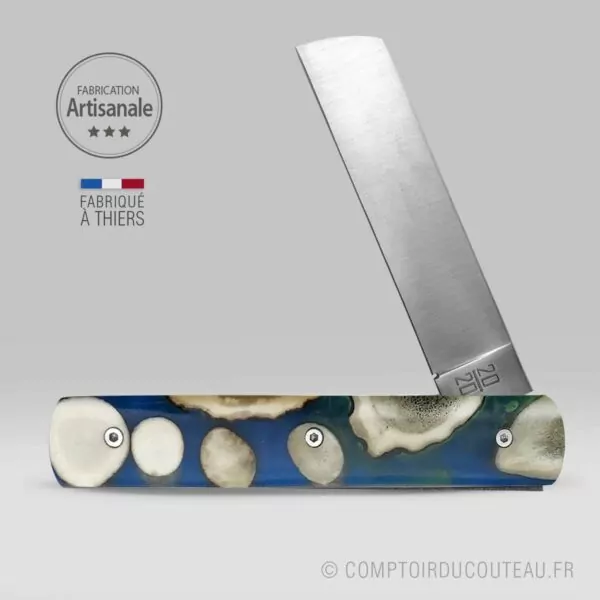 couteau 20:20 manche création bois de cerf résine bleue