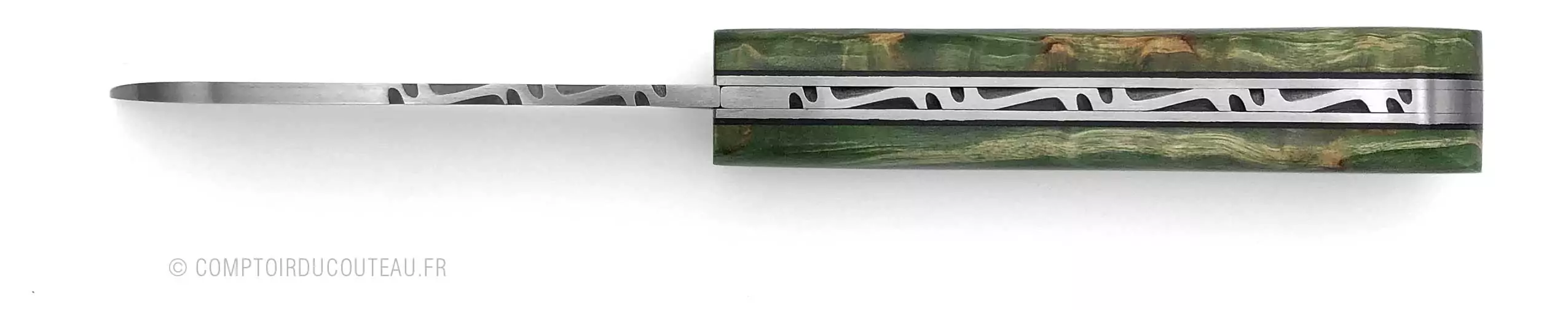 couteau Le London manche en bouleau vert guilloché lame et ressort