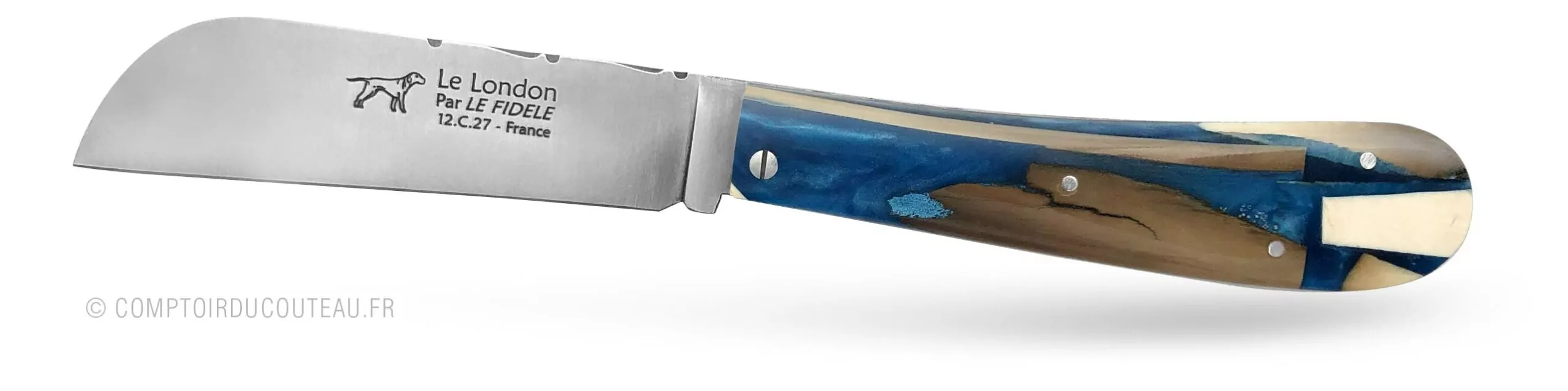 couteau breton le London manche en ivoire de mammouth résine bleue