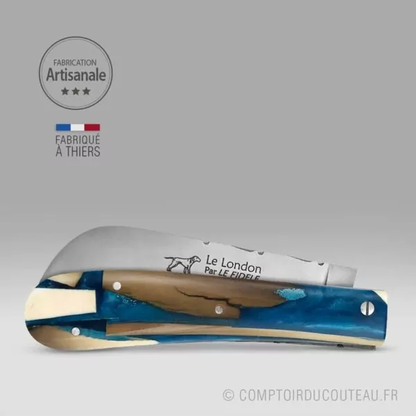 couteau London manche ivoire de mammouth résine bleue