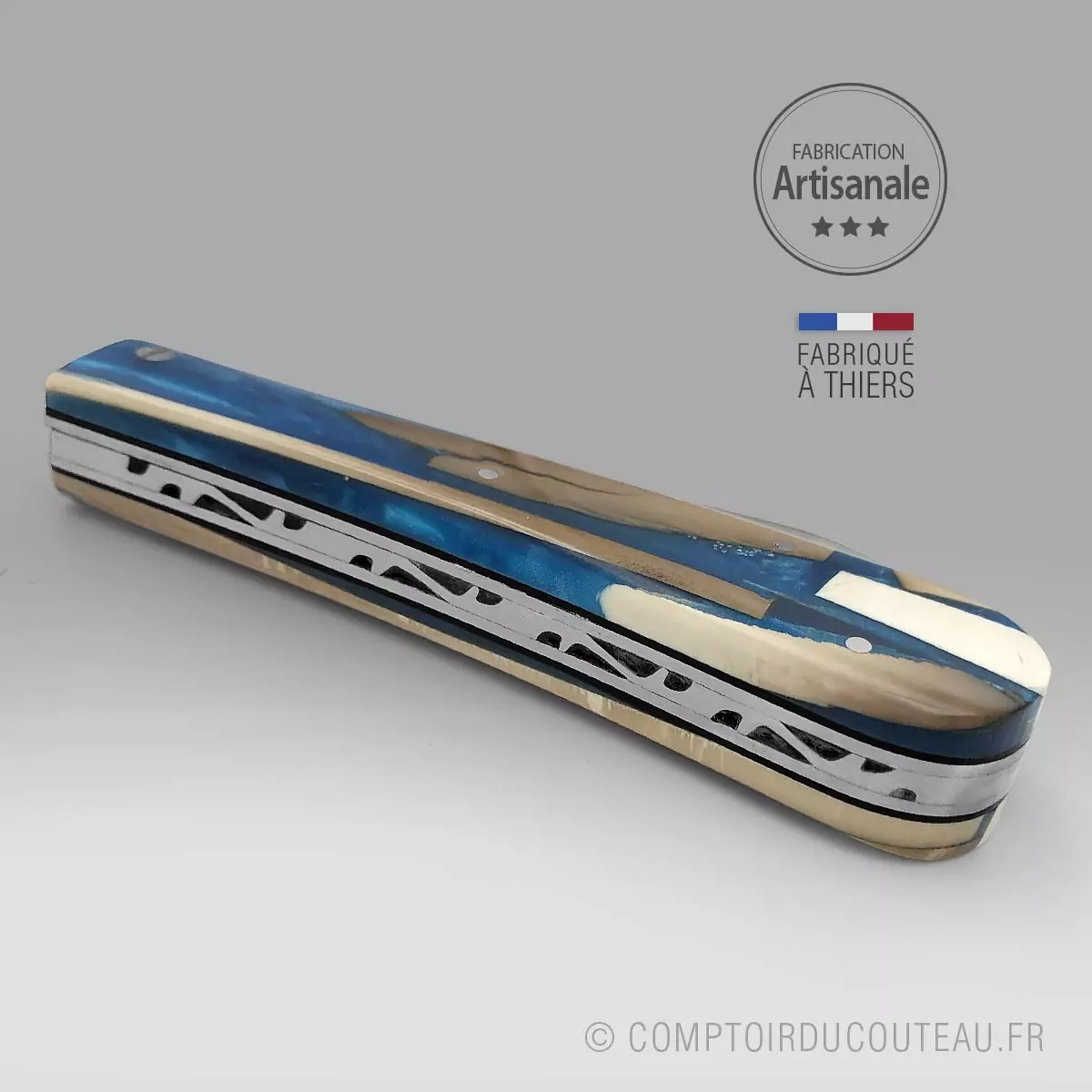 couteau marin le london ivoire de mammouth stabilisé bleue guilloché