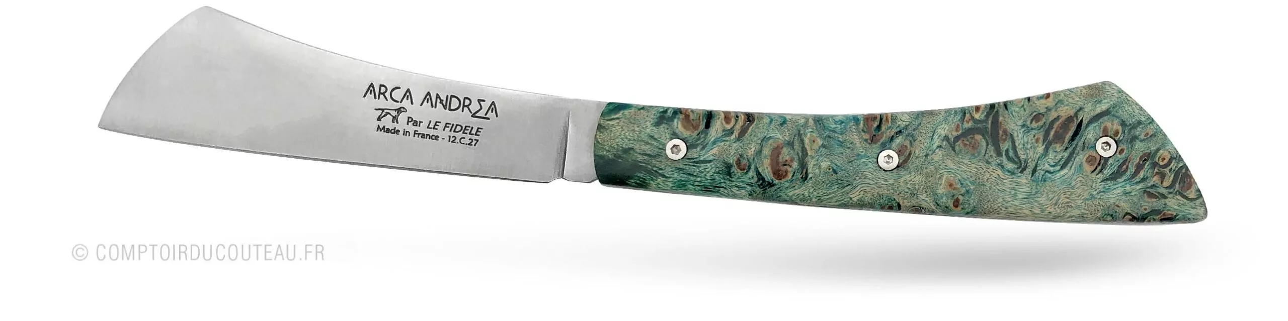 Arca Andrea par le fidele manche bois loupe de peuplier vert turquoise
