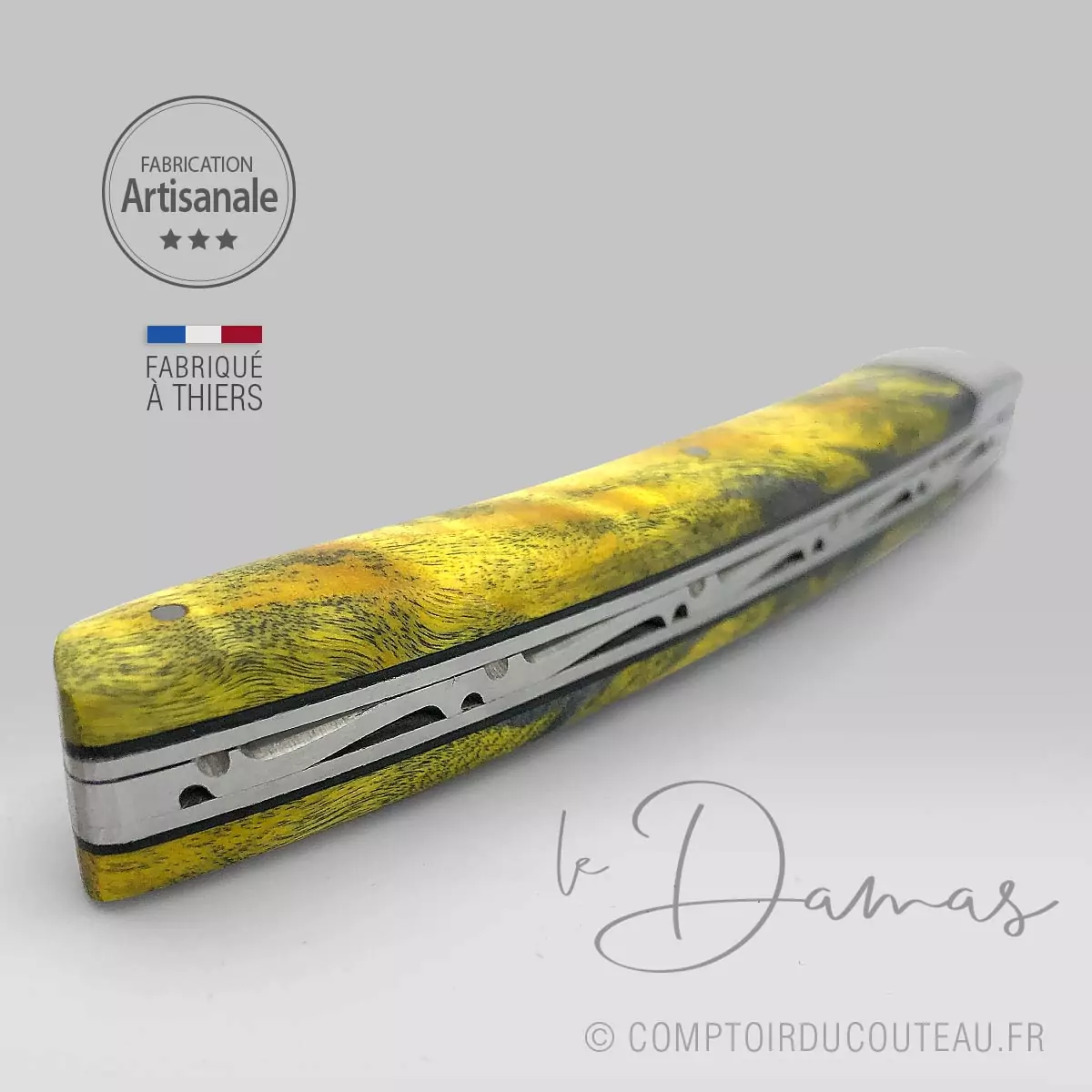 Couteau le Thiers Damas ressort guilloché bois de peuplier flammé stabilisé jaune détail