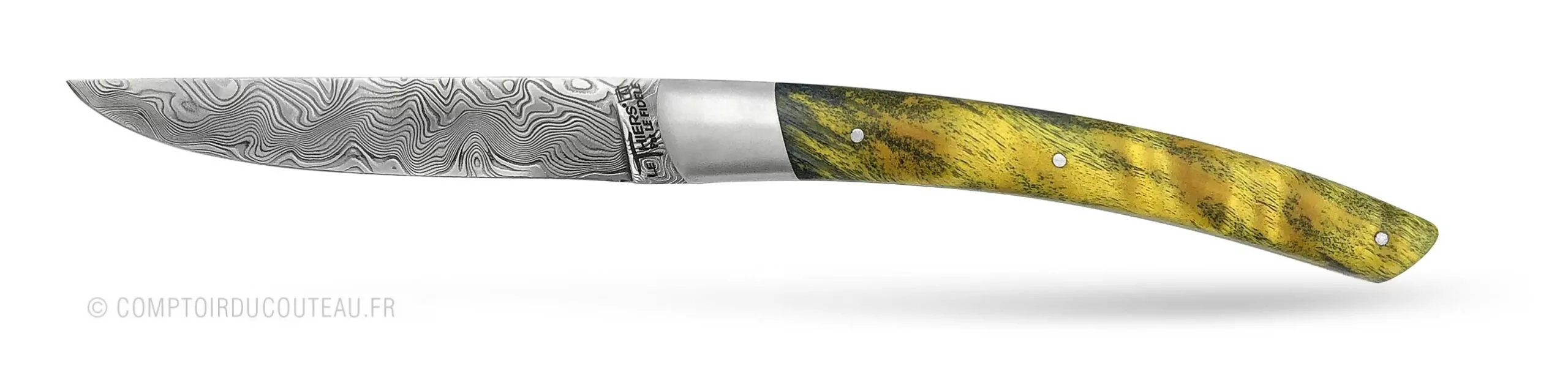 couteau Le Thiers Damas peuplier flammé jaune stabilisé