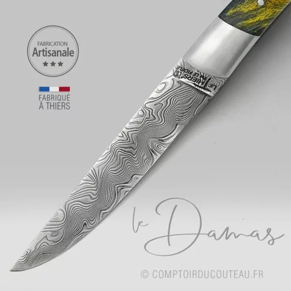 couteau Le Thiers Damas peuplier stabilisé jaune