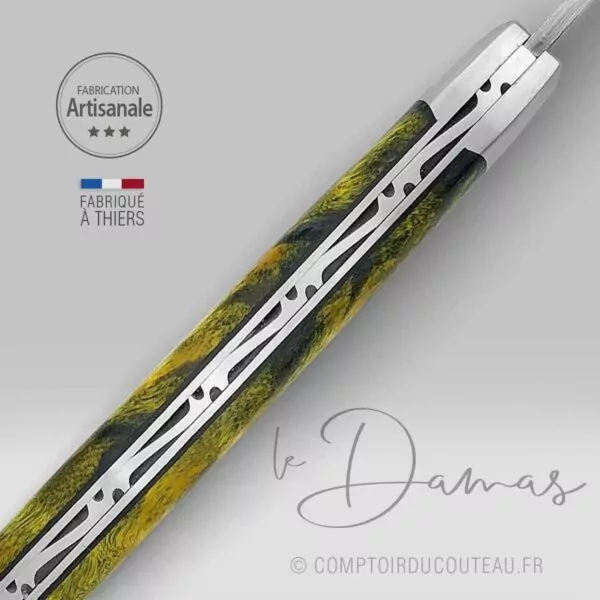 Couteau Le Thiers® Damas en Peuplier Flammé Stabilisé Jaune – Image 4
