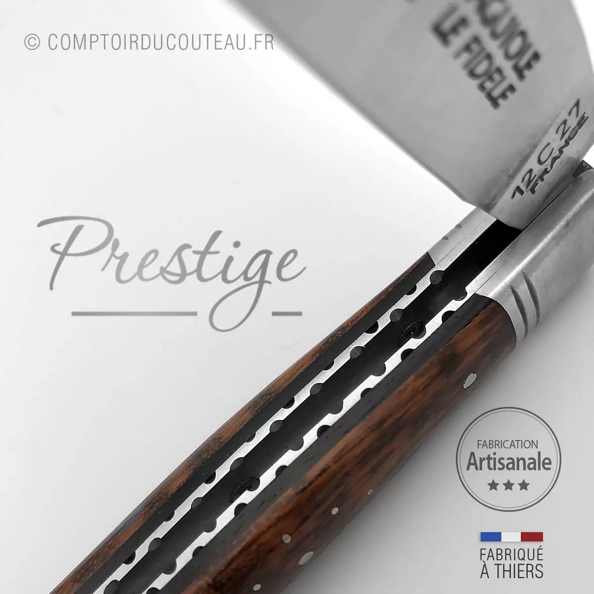 couteau laguiole prestige bois amourette guillochage ressort, lame, plaquettes