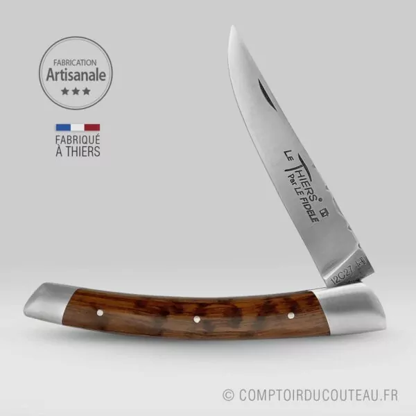 couteau le thiers manche en bois amourette, lame et ressort guilloches