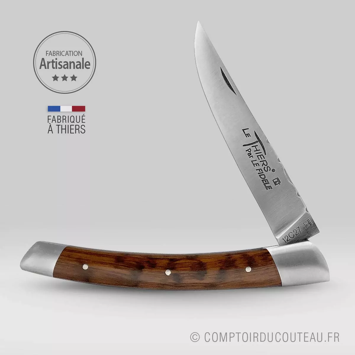 couteau le thiers manche en bois amourette, lame et ressort guilloches