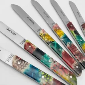 coffret 6 couteaux de table haute qualite fabriques thiers - l'âme d'Emma de table - plumes de pintade colorée