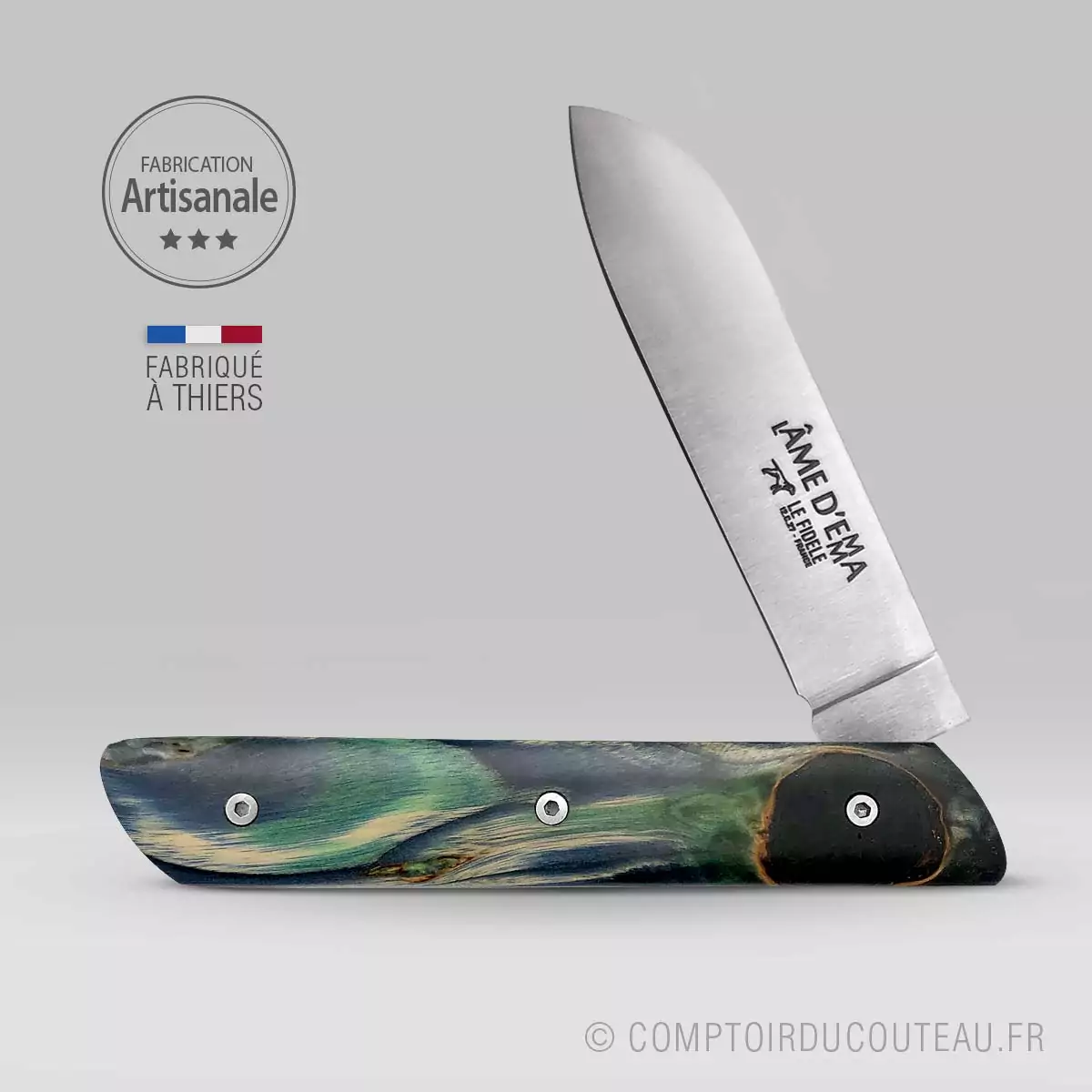 couteau pièce unique l'âme d'Emma peuplier flammé vert