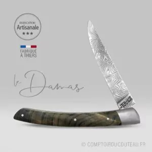 Couteau le Thiers Damas ressort guilloché bois de peuplier flammé stabilisé