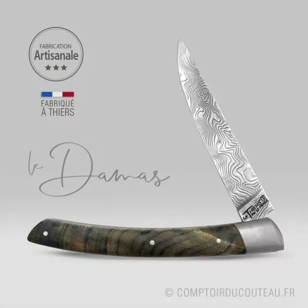 Couteau le Thiers Damas ressort guilloché bois de peuplier flammé stabilisé