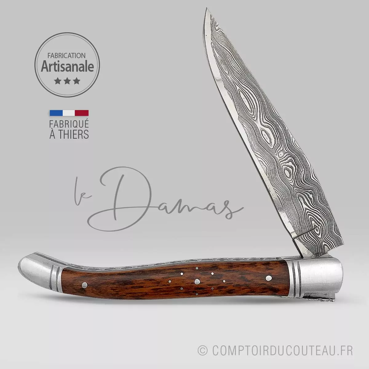 couteau laguiole bois amourette lame damas artisanale ressort et abeille forgés
