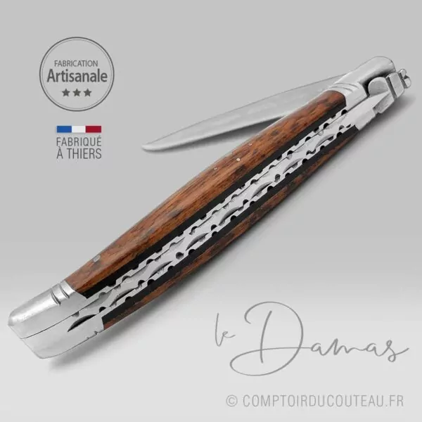 couteau laguiole bois amourette lame damas artisanale ressort et abeille forgés à la main