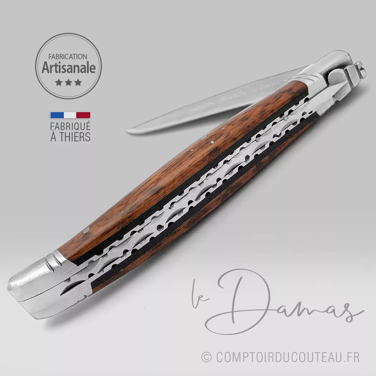 couteau laguiole bois amourette lame damas artisanale ressort et abeille forgés à la main